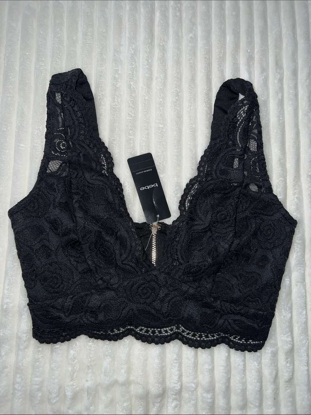 bebe Black Lace Zip Bralette with Floral Pattern